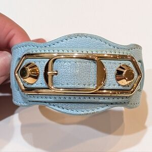 BALENCIAGA Classic Arena Blue Glacier Leather Belt Cuff Bracelet Gold Hardware